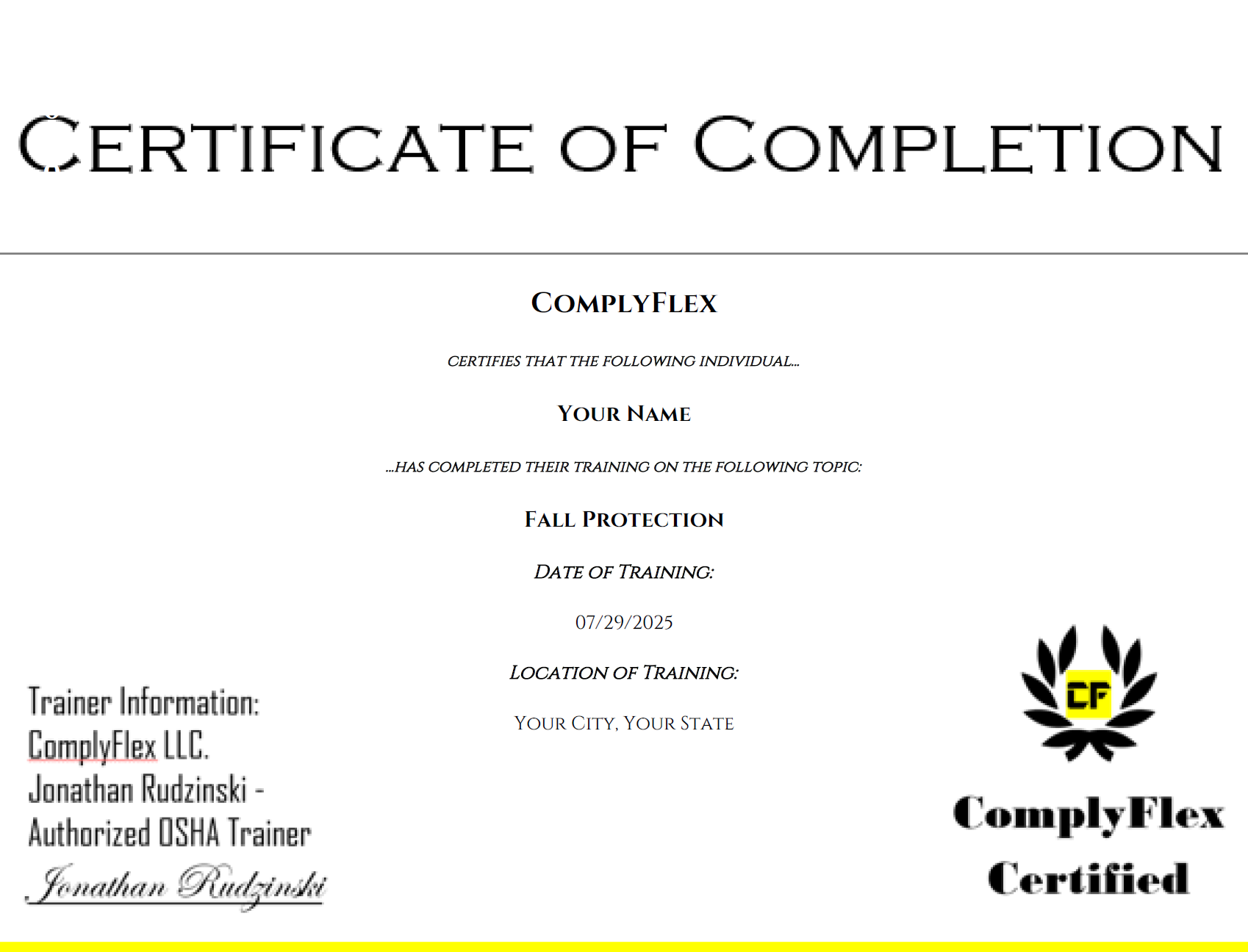 Certificate Example for Main Pages